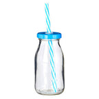 Set of 4 Milk Bottles with Blue Straws and Lids | Dayla