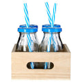 Set of 4 Milk Bottles with Blue Straws and Lids | Dayla