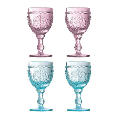 Fleur Set of 4  Pink And Blue Wine Glasses