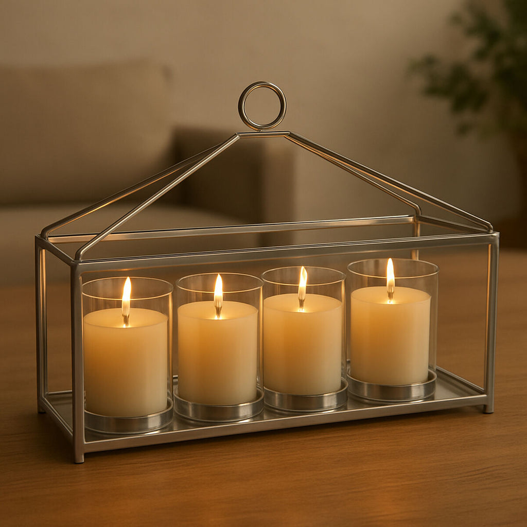 Glass and Silver Long Table Candle Holder | Silver Candle