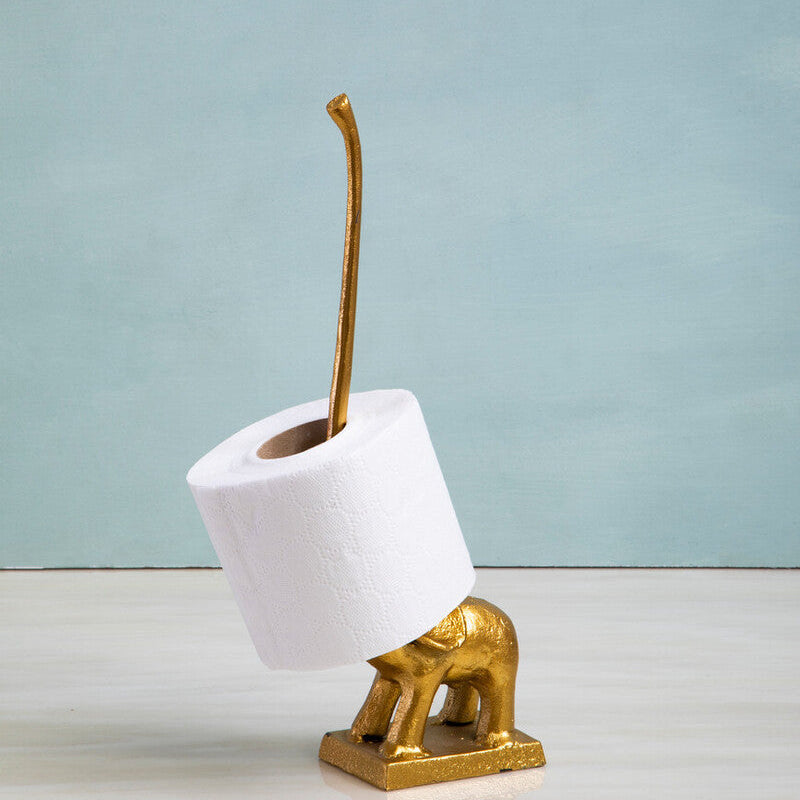 Gold Finish Elephant Toilet Roll Holder with Square Base | Fauna