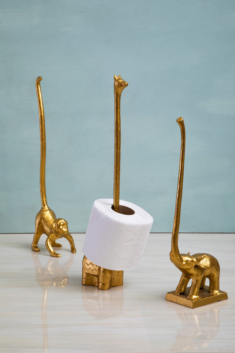 Gold Finish Elephant Toilet Roll Holder with Square Base | Fauna