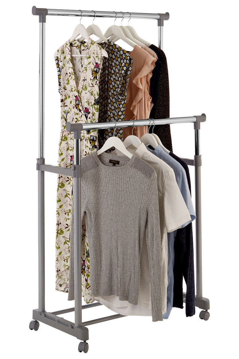 Grey and Chrome Finish Double Clothes Hanging Rail with Wheels | Ralesi
