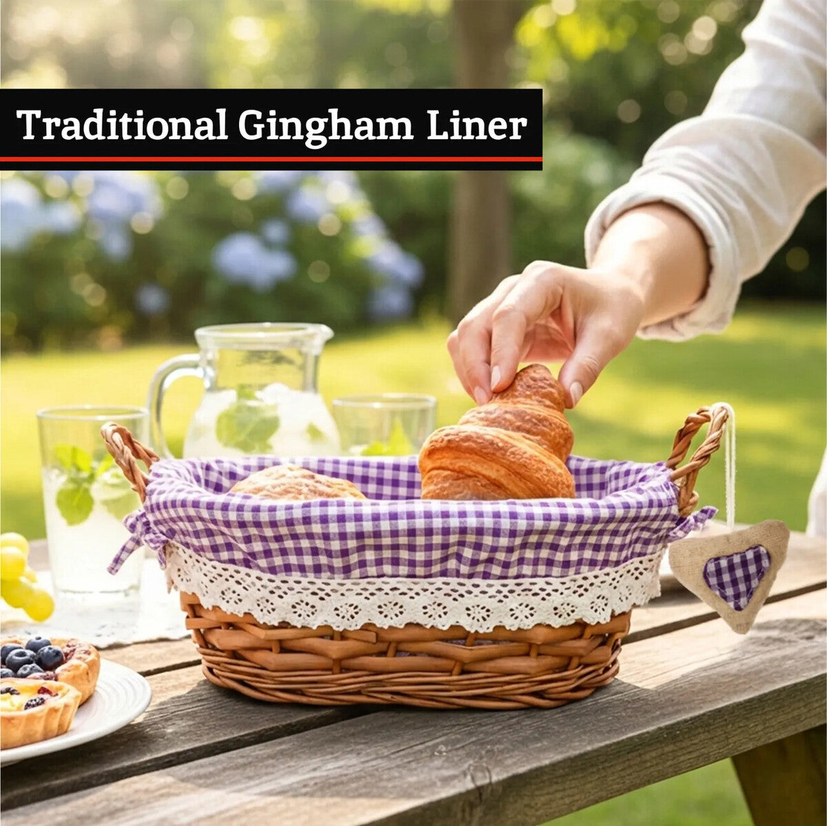 Willow Bread Basket with Purple Gingham Lining | Orla