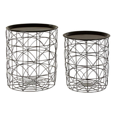 Set of 2 Black Recessed Tops and Metal Wire Basket Frame Side Tables | Hege
