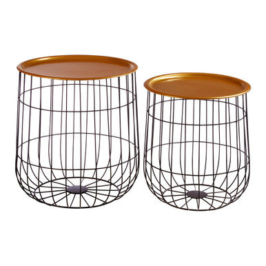 Set of 2 Brass Finish Top and Black Metal Wire Frame Side Tables | Hege