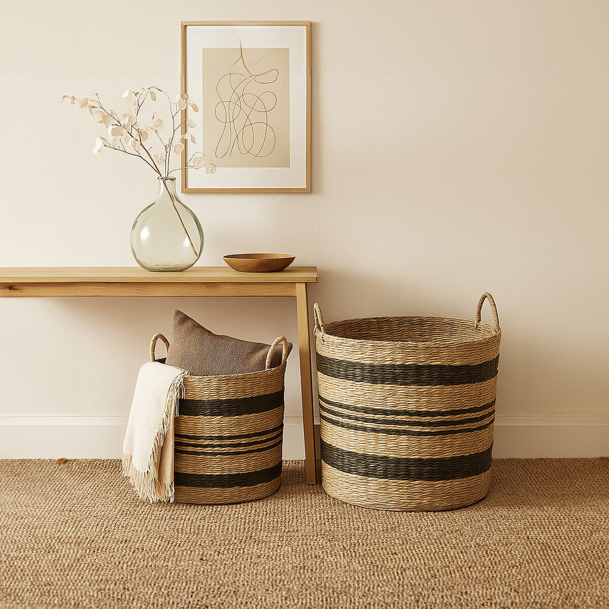 Arles Set of 2 Seagrass Baskets with Black Stripes.