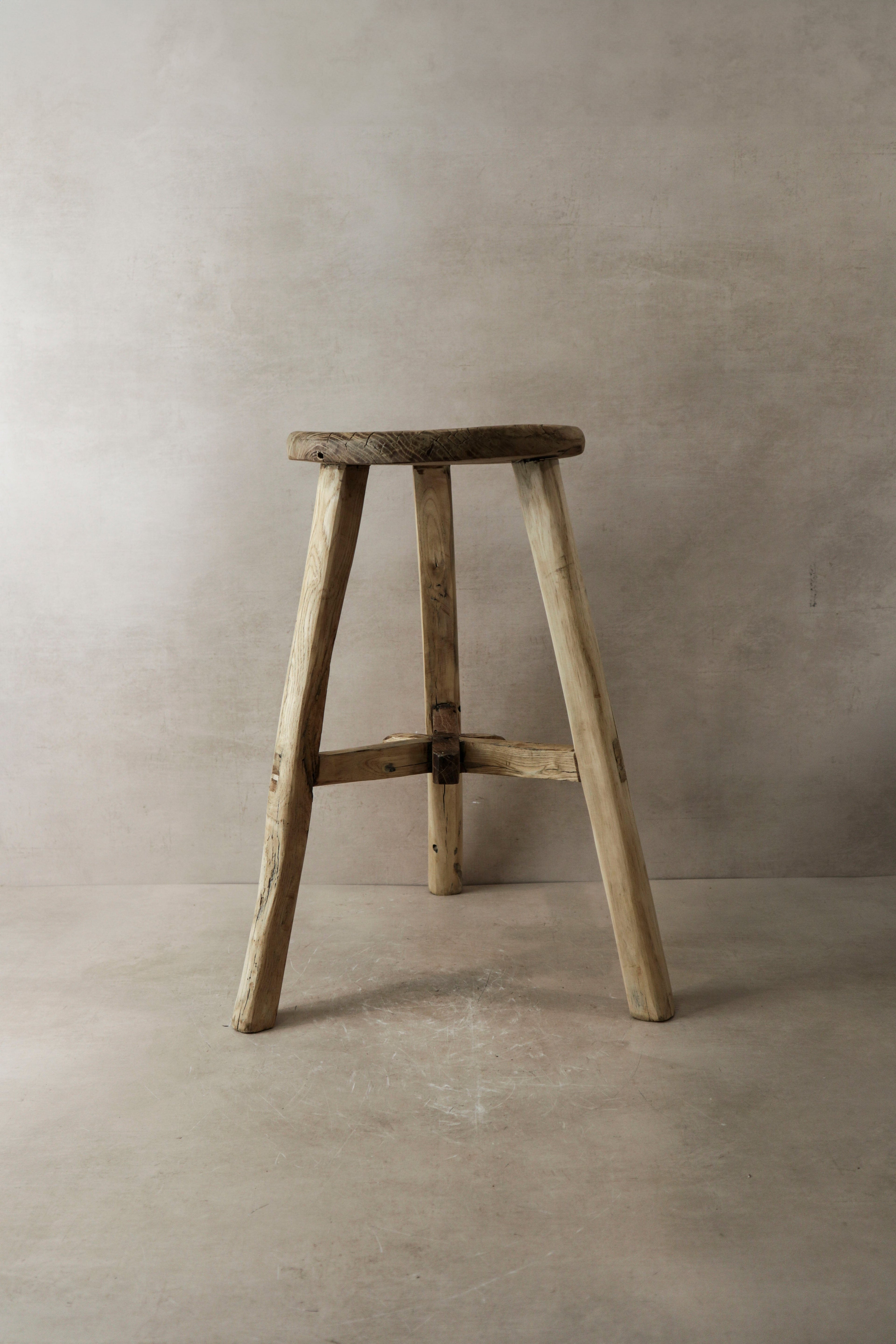 Vintage Rustic Elm Wood Stool - Round - No 4