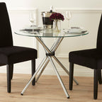 Clear Glass Top Round Dining Table with Silver Finish Metal Cross Base | Afton