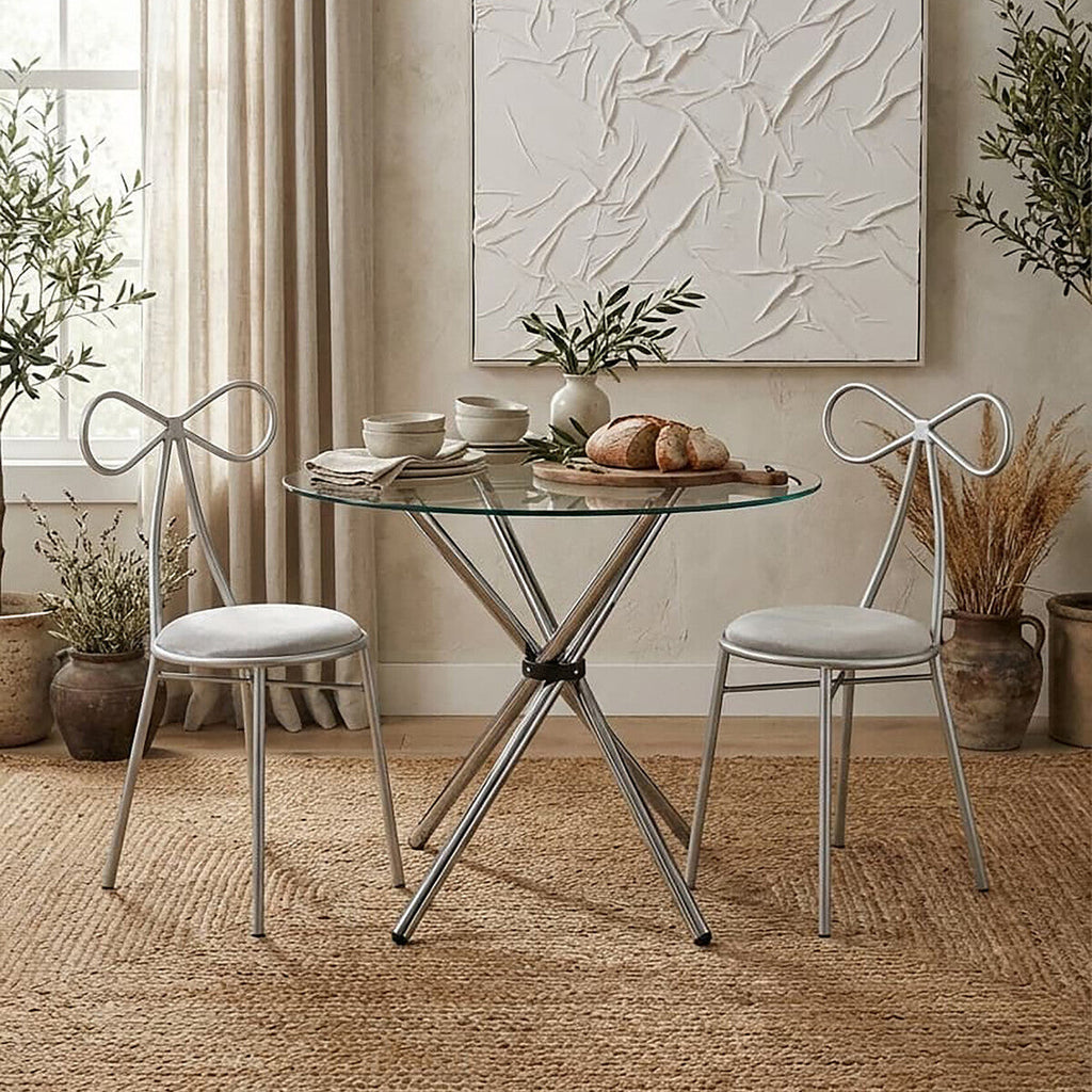Clear Glass Top Round Dining Table with Silver Finish Metal Cross Base | Afton