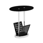 Black Glass Oval Top Side Table with Chrome Metal Base and Lower Magazine Rack | Adam