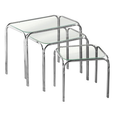 Silver Metal Frame and Clear Glass Top Nest of 3 Tables, Jordan