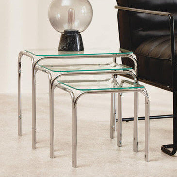 Silver Metal Frame and Clear Glass Top Nest of 3 Tables, Jordan