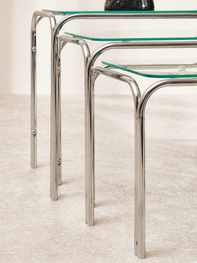 Silver Metal Frame and Clear Glass Top Nest of 3 Tables, Jordan