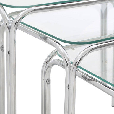 Silver Metal Frame and Clear Glass Top Nest of 3 Tables, Jordan