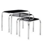 Set of 3 Black Glass Top Nest of Tables with Silver Metal Frame | Jordan