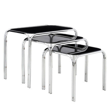 Set of 3 Black Glass Top Nest of Tables with Silver Metal Frame, Jordan