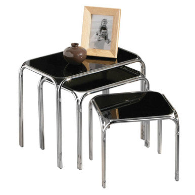 Set of 3 Black Glass Top Nest of Tables with Silver Metal Frame, Jordan