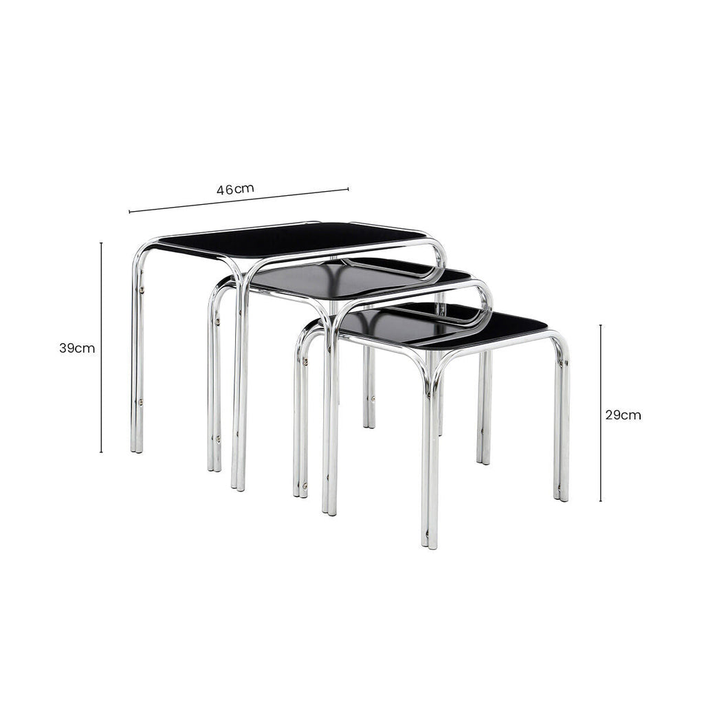 Set of 3 Black Glass Top Nest of Tables with Silver Metal Frame | Jordan