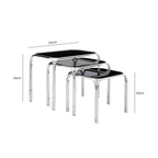 Set of 3 Black Glass Top Nest of Tables with Silver Metal Frame | Jordan
