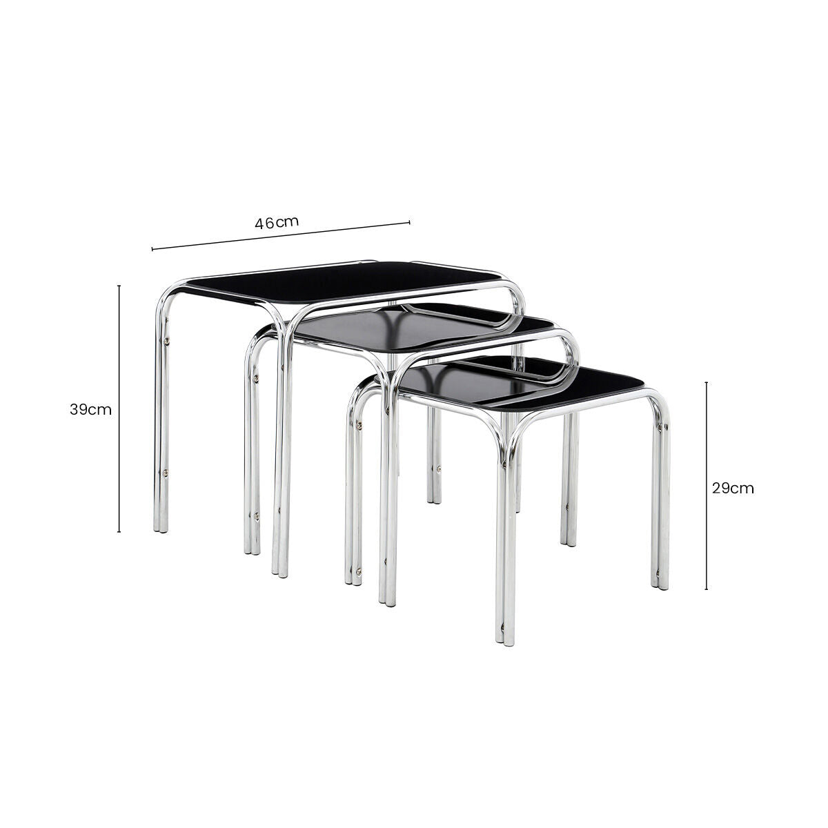Set of 3 Black Glass Top Nest of Tables with Silver Metal Frame | Jordan