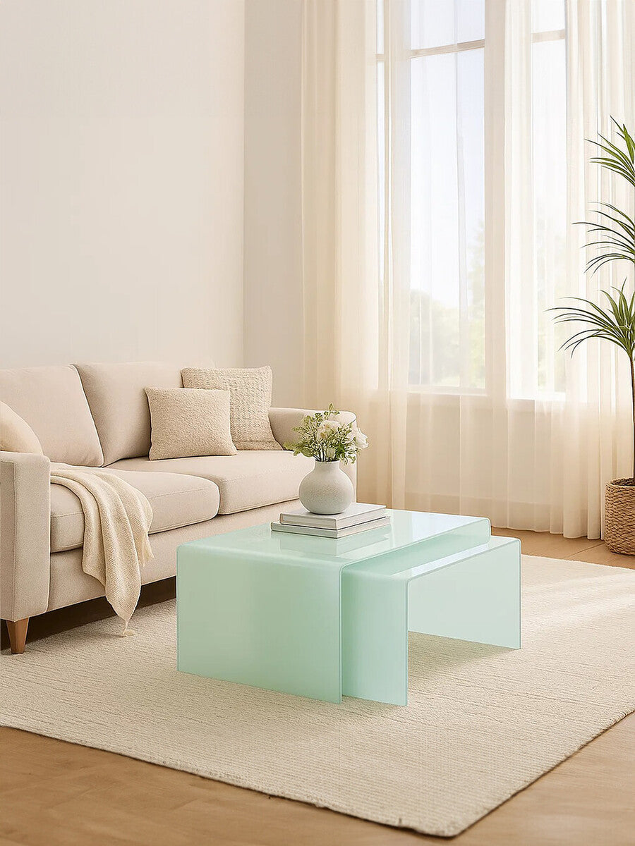 Nest of 2 Aqua Green Curved Glass Coffee Tables | Cascade