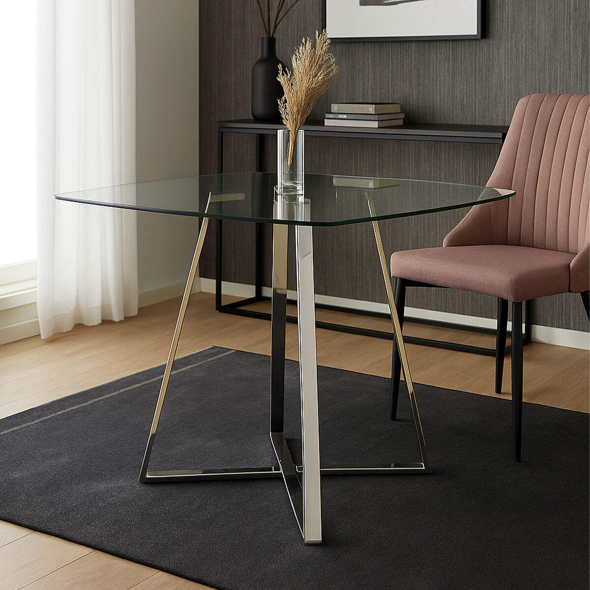 Clear Glass Square Dining Table with Silver Finish Metal Base | Metropolitan