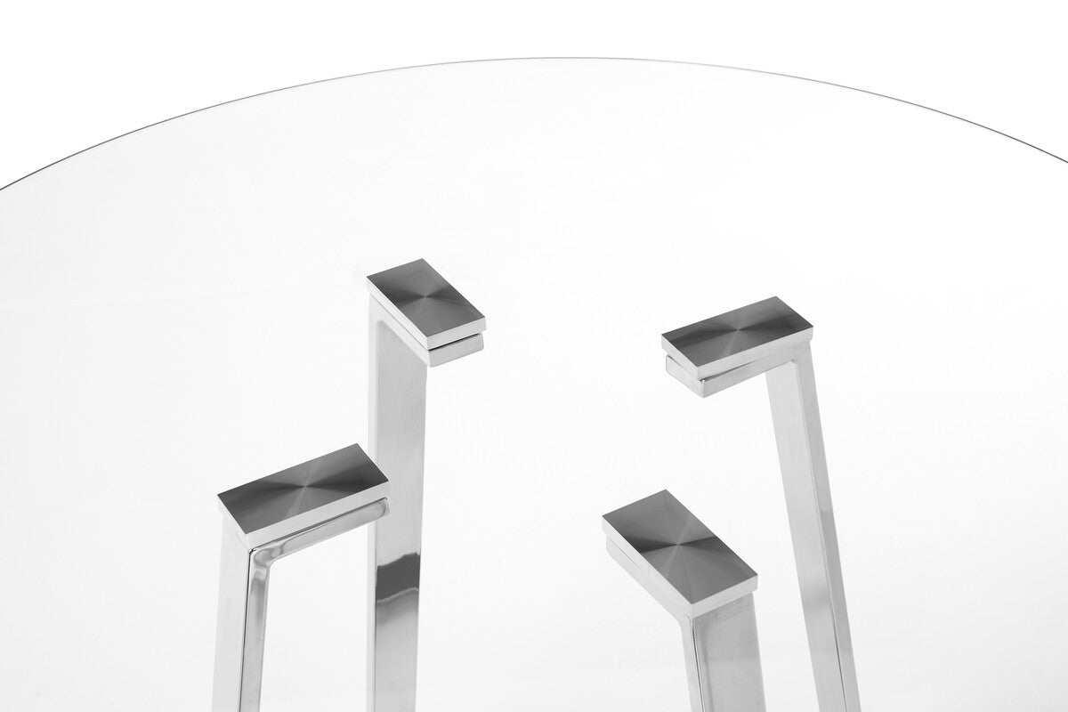 Clear Glass Round Dining Table with Silver Finish Metal Base | Metropolitan