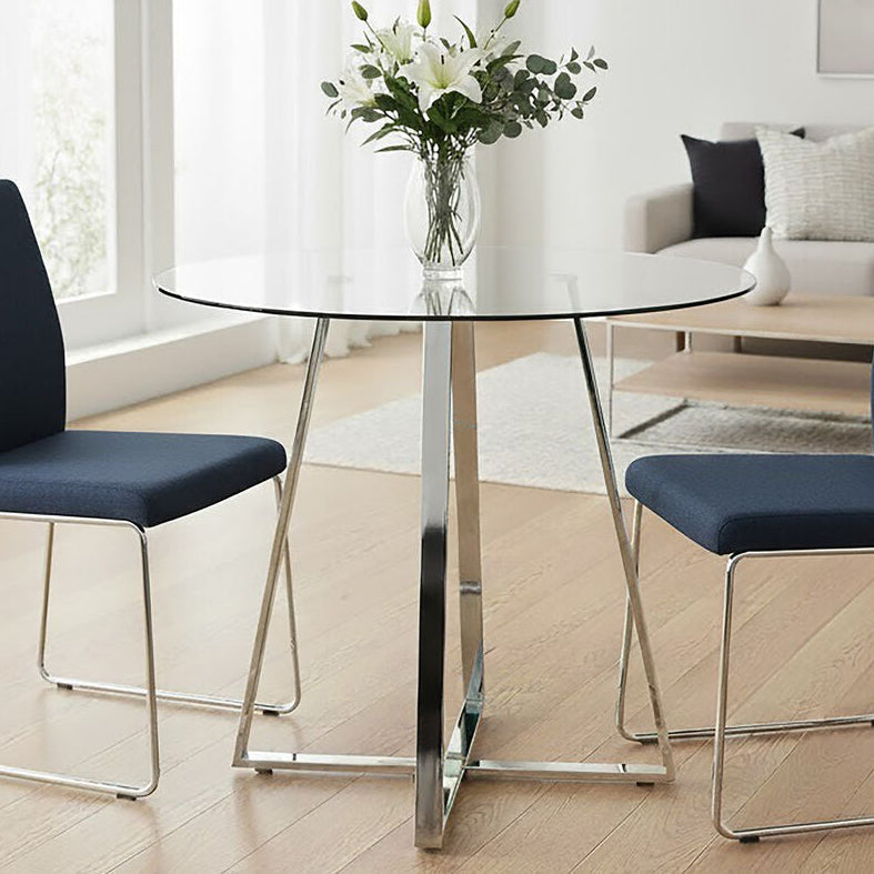 Silver Finish Round Glass Top and Steel Frame Dining Table | Metropolitan