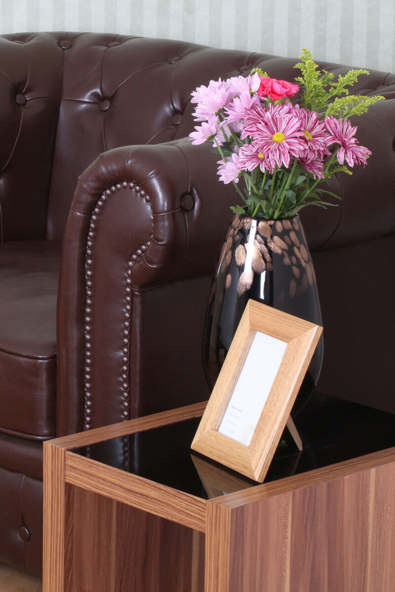 Brown Walnut Veneer Wooden Nest of 3 Tables with Black High Gloss Detail Top | Fargo