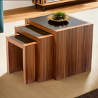 Brown Walnut Veneer Wooden Nest of 3 Tables with Black High Gloss Detail Top | Fargo
