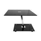 Black Tempered Glass Top End Table with Silver Chrome Angled Support and Black Glass Base | Black Glass Chrome Frame