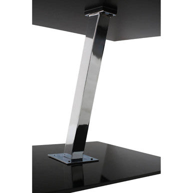 Black Tempered Glass Top End Table with Silver Chrome Angled Support and Black Glass Base | Black Glass Chrome Frame