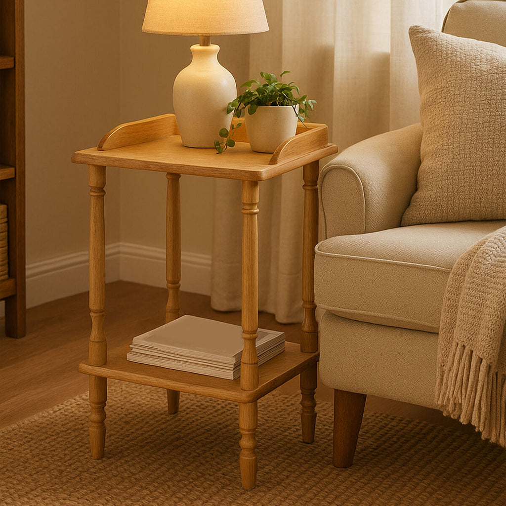 Natural Light Wood Hevea Rubberwood Side Table with Raised Lip Top and Bottom Tier Shelf | Heva