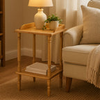 Natural Light Wood Hevea Rubberwood Side Table with Raised Lip Top and Bottom Tier Shelf | Heva