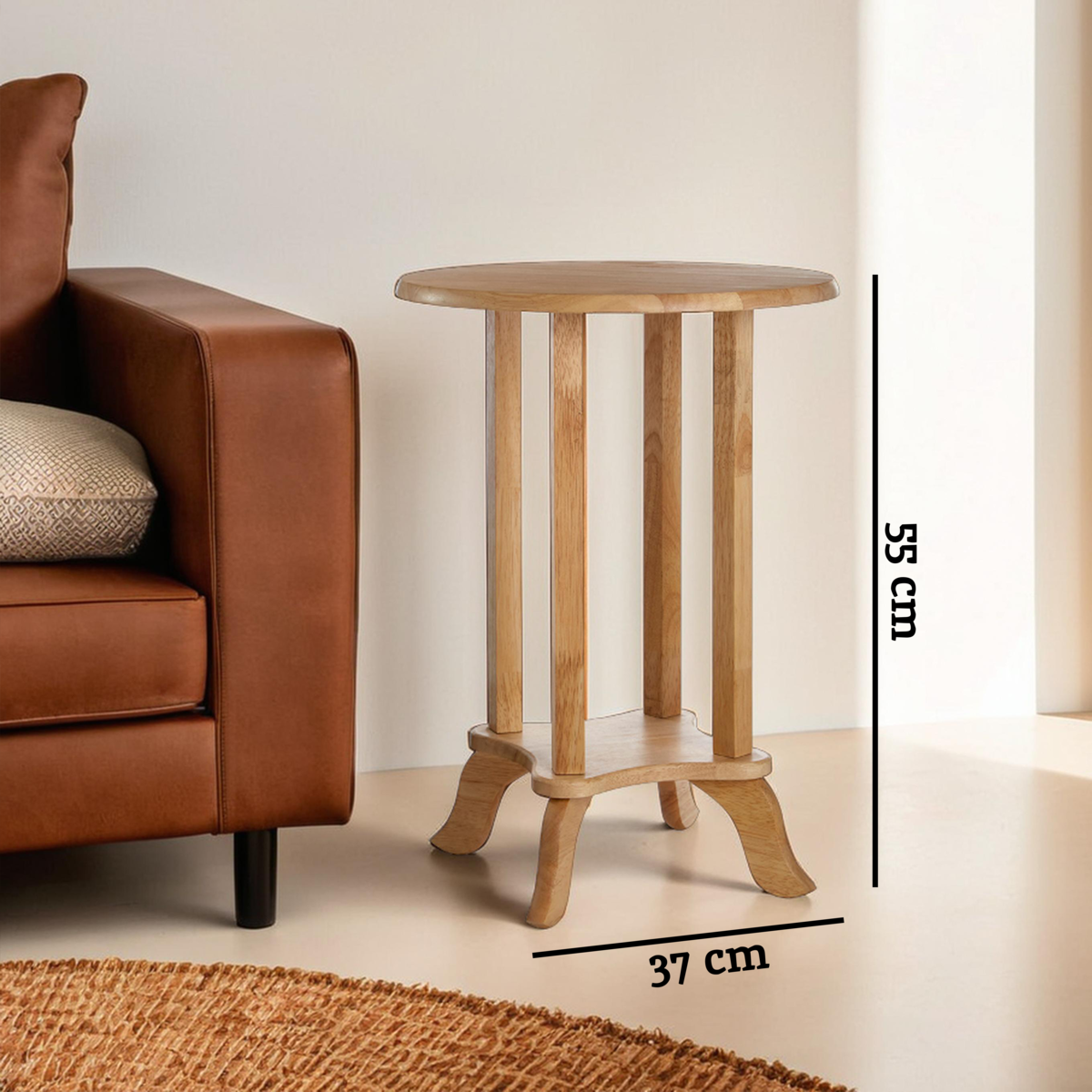 Natural Hevea Wood Round Side Table with Curved Feet and Lower Storage Shelf | Heva