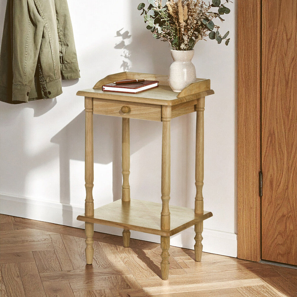Natural Light Hevea Wood Side Table with Storage Drawer and Open Shelf | Heva