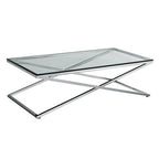 Clear Glass Top Coffee Table with Glistening Silver Stainless Steel Cross Base | Montril