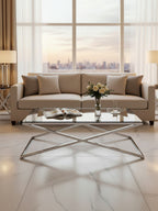 Clear Glass Top Coffee Table with Glistening Silver Stainless Steel Cross Base | Montril