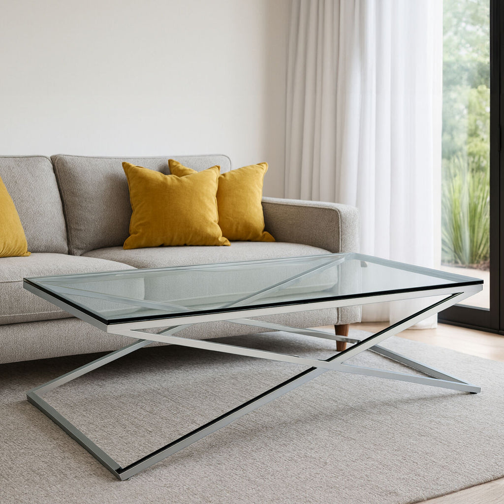 Clear Glass Top Coffee Table with Glistening Silver Stainless Steel Cross Base | Montril