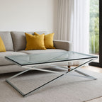 Clear Glass Top Coffee Table with Glistening Silver Stainless Steel Cross Base | Montril