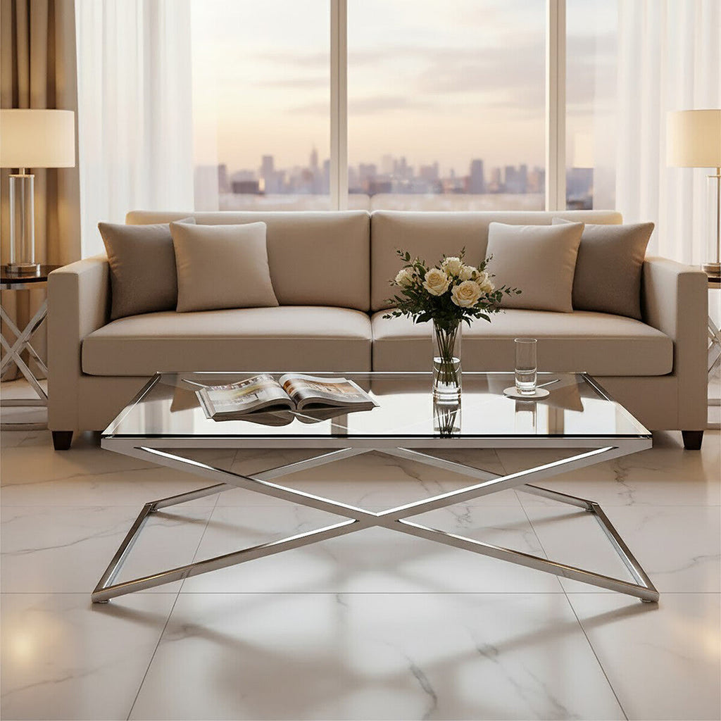 Clear Glass Top Coffee Table with Glistening Silver Stainless Steel Cross Base | Montril