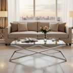 Clear Glass Top Coffee Table with Glistening Silver Stainless Steel Cross Base | Montril