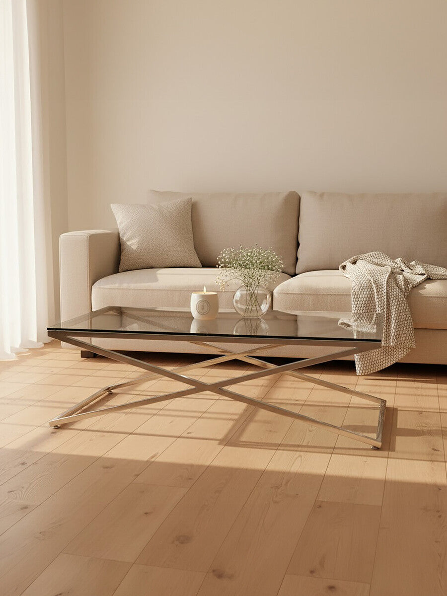 Clear Glass Top Coffee Table with Glistening Silver Stainless Steel Cross Base | Montril