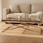 Clear Glass Top Coffee Table with Glistening Silver Stainless Steel Cross Base | Montril