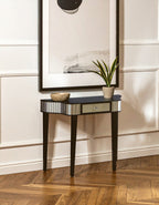 Black Mirrored Panel Top Console Table with 1 Drawer and Cunninghamia Wood Legs | Clavier