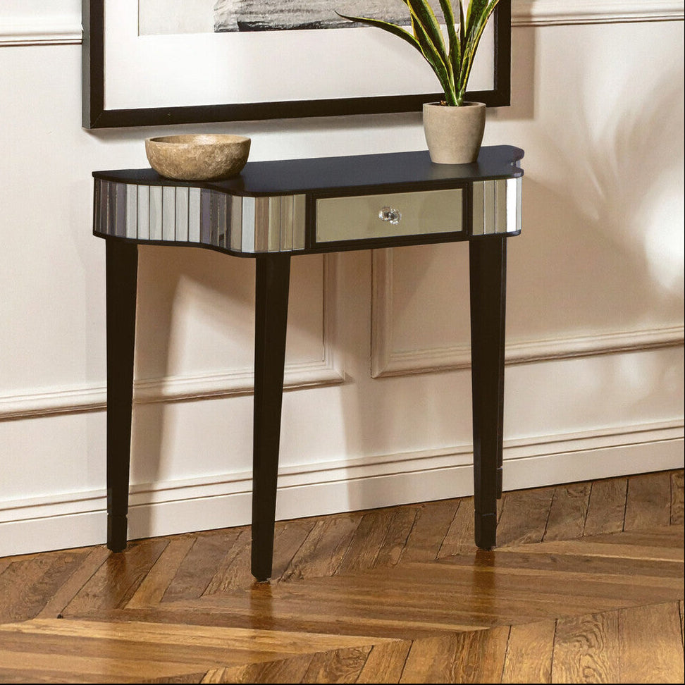 Black Mirrored Panel Top Console Table with 1 Drawer and Cunninghamia Wood Legs | Clavier