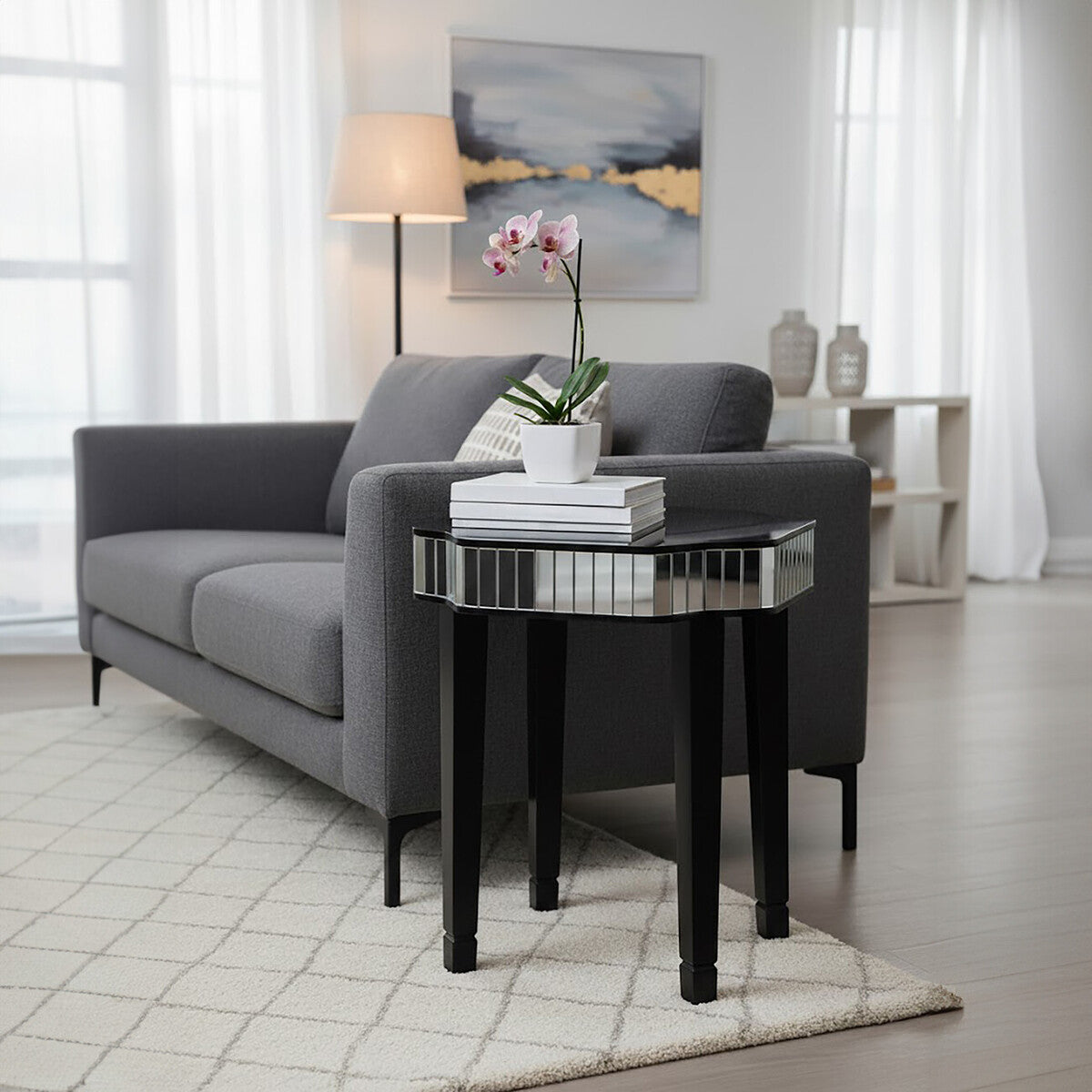 Black Mirrored Detail Top Side Table with Smooth Surface | Clavier