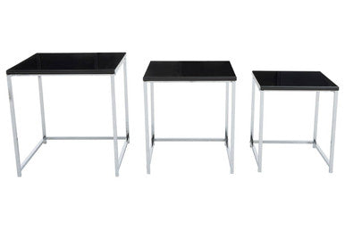 Silver and Black Nesting Set of 3 Accent Tables with Chrome Metal Frames, Fulton