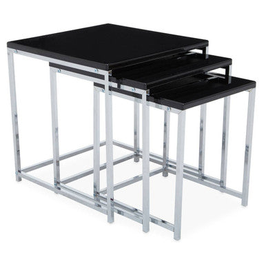 Silver and Black Nesting Set of 3 Accent Tables with Chrome Metal Frames, Fulton